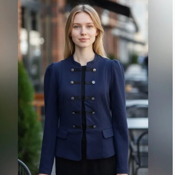 NWOT EXPRESS Chic Navy Military-Style Jacket - Puff Sleeve Blazer Stretch Large - Picture 1 of 8